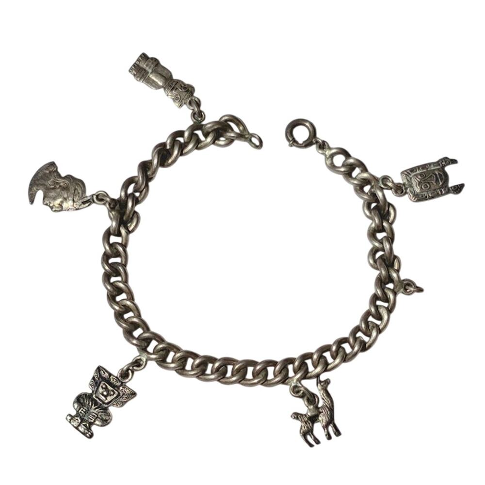 Vintage Mid Century Peruvian Mesoamerican Sterling Silver Charm Bracelet